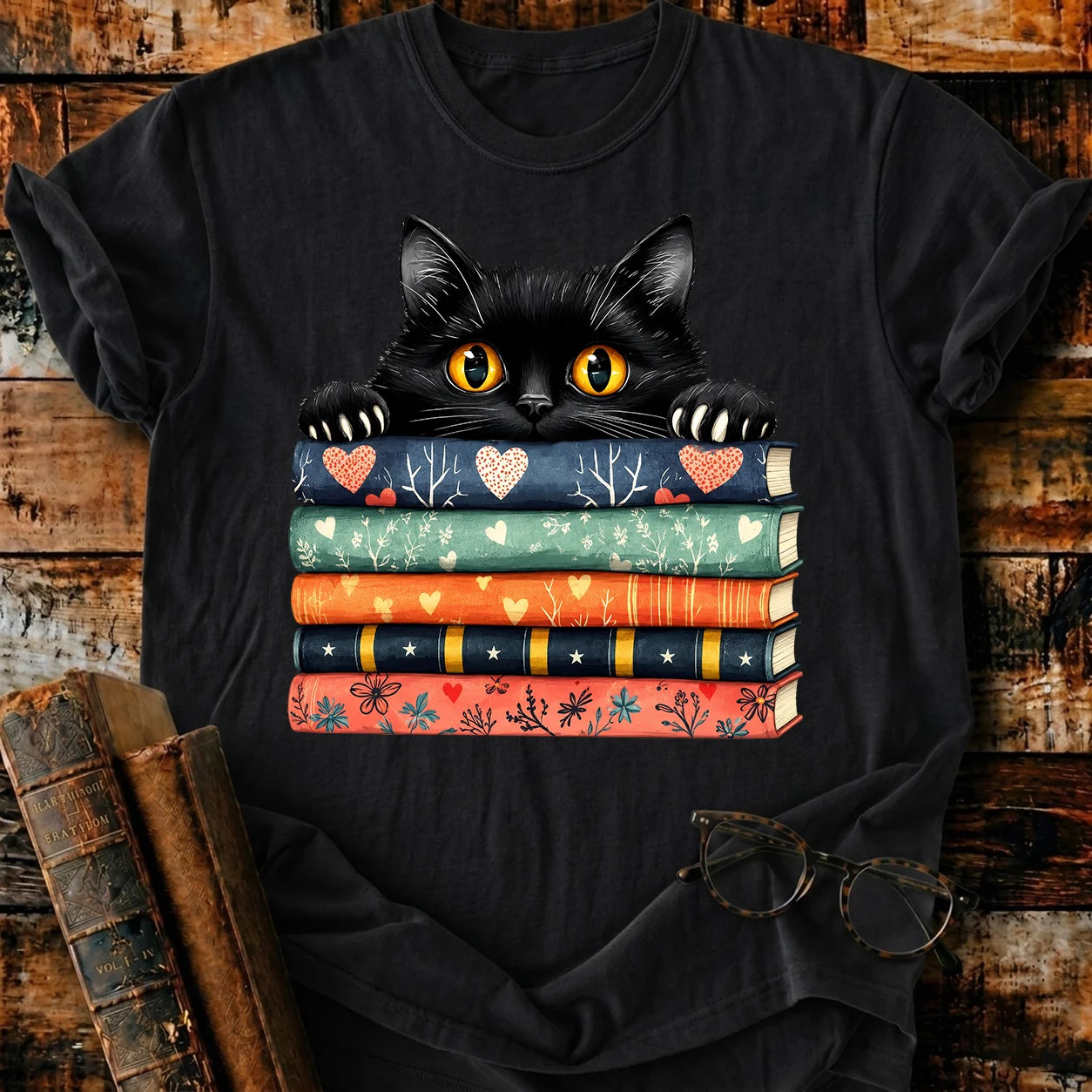 Black Cat On Books T-Shirt