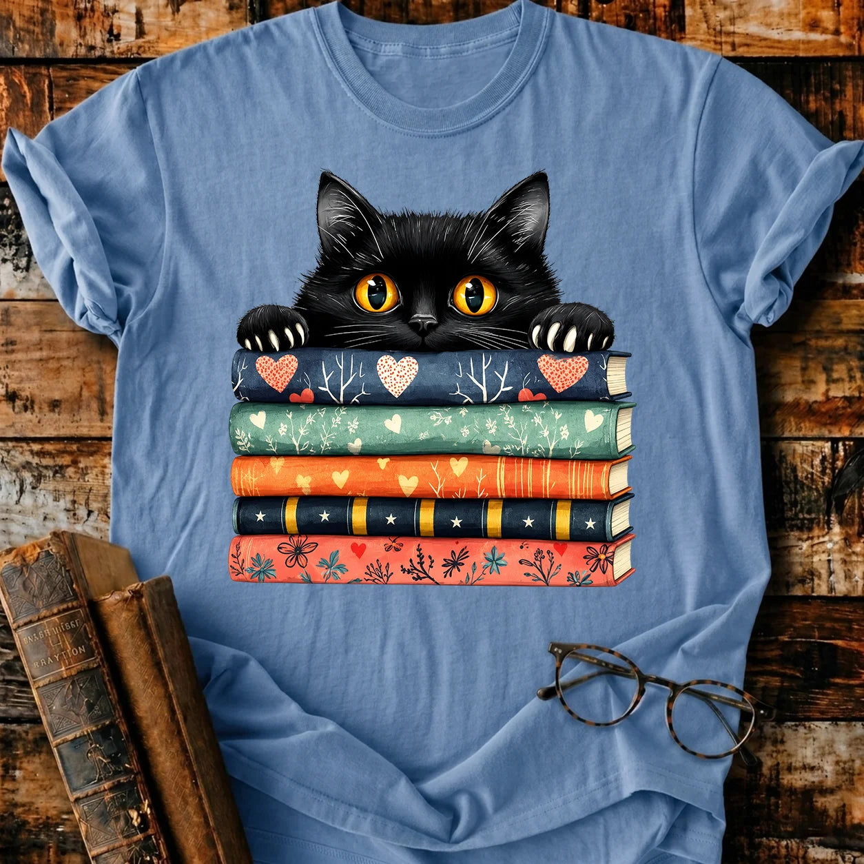 Black Cat On Books T-Shirt