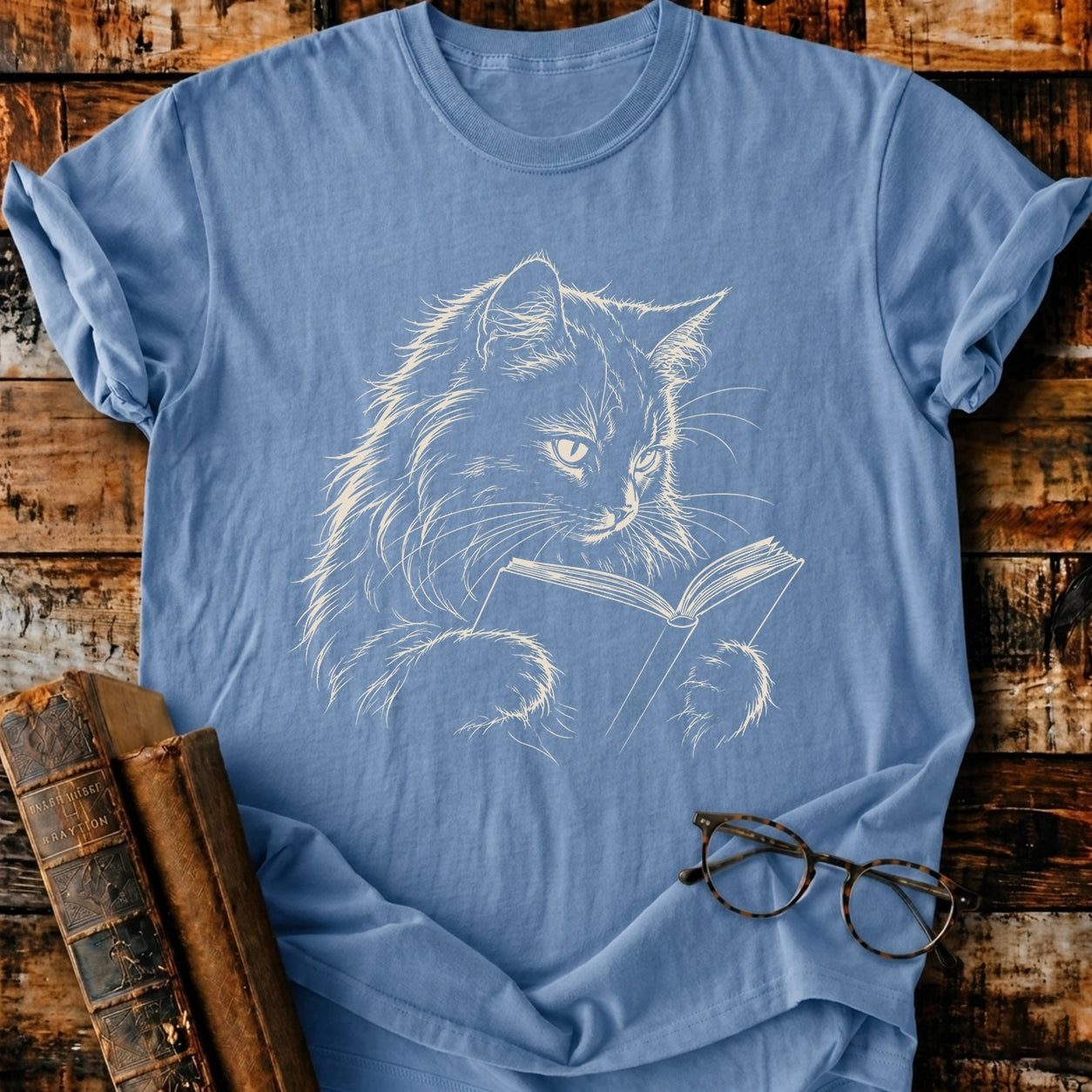 Longhair Cat Reading T-Shirt